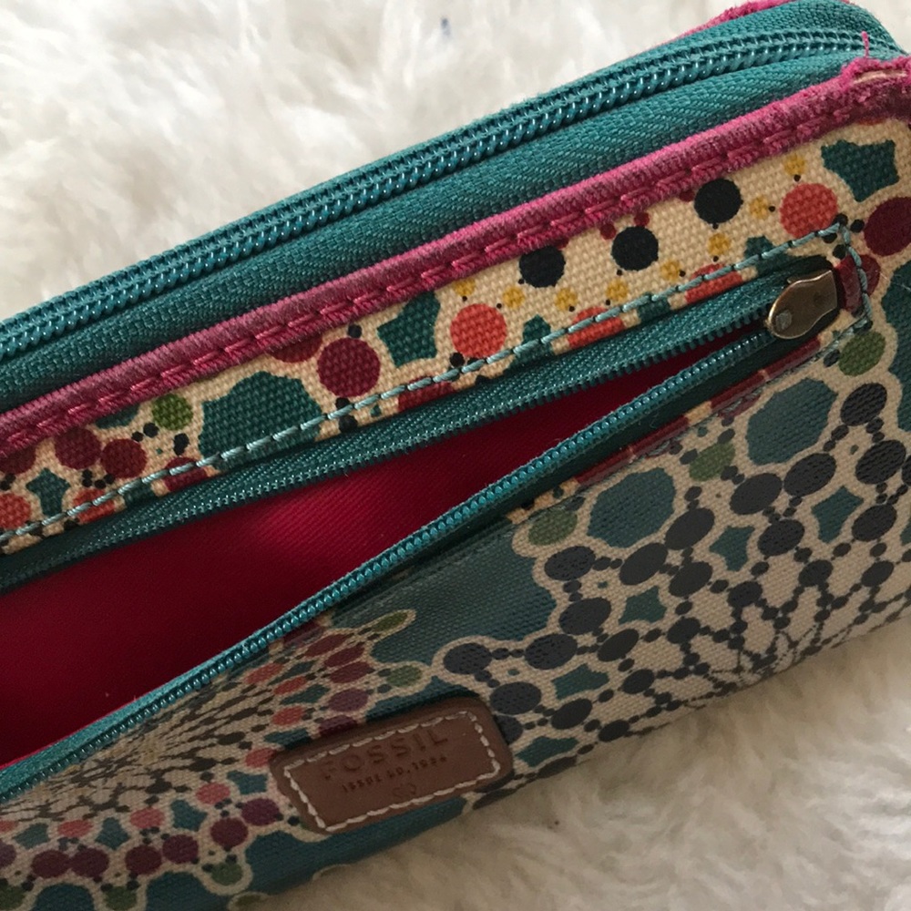 Fossil Zip Around Coated Canvas Wallet Teal Pink - image 5